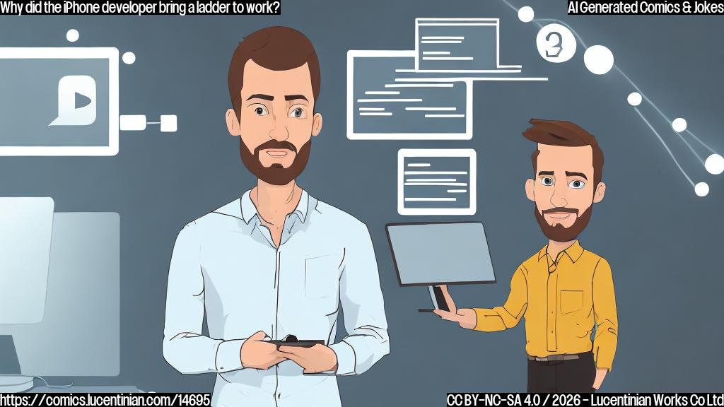 A cartoon style image of a person, likely male, in a white or light-colored shirt and pants, holding an iPhone and standing on a small step stool or ladder, with a confident expression on their face, surrounded by code on a computer screen in the background.