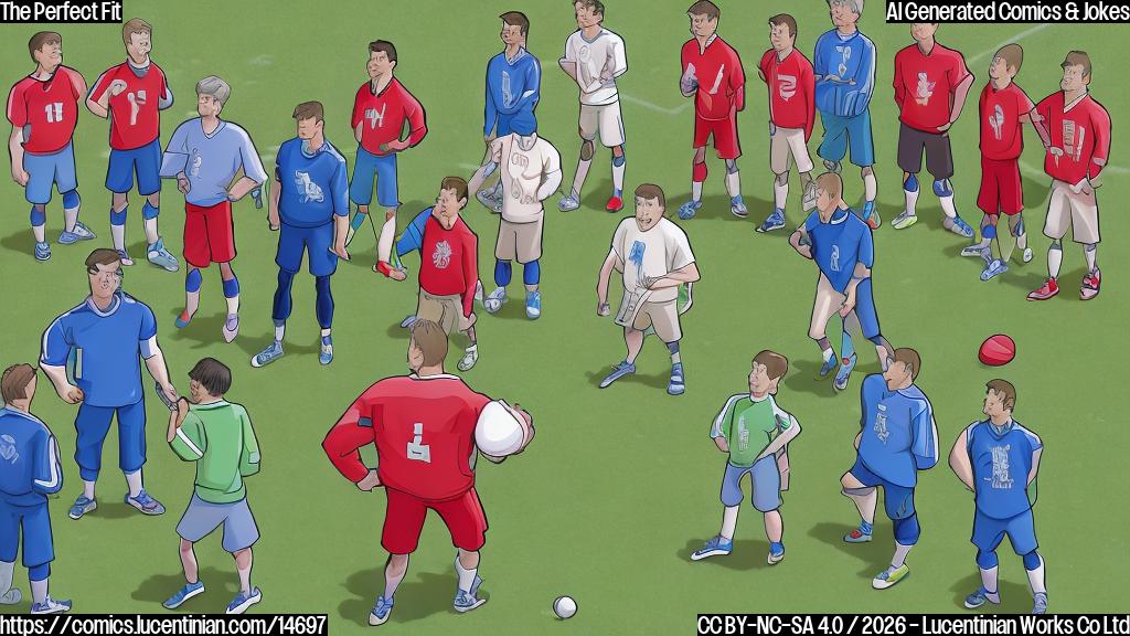 Plain color cartoon style. A thoughtful, adult male figure, dressed in a blue sports tracksuit with a whistle around his neck, is standing on a vibrant green football pitch. He holds a clipboard and a pen, looking intently at a group of generic, plain-colored football players in red jerseys in the background. The players are standing in various poses, some looking confused, some ready to play. The coach is seemingly contemplating making team adjustments. Simple, solid colors for all elements, no intricate details, clean lines.