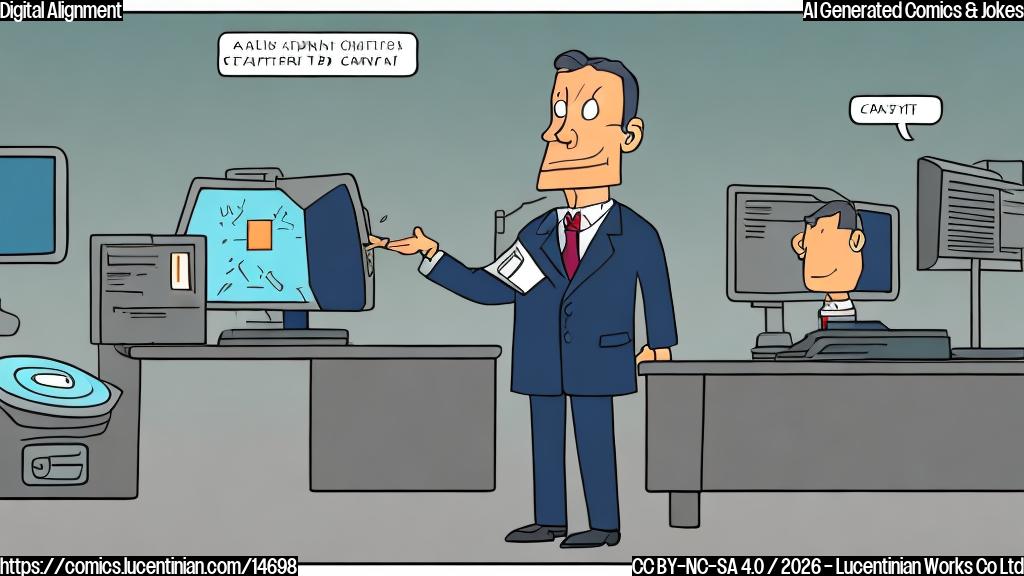 A plain color cartoon style image of a serious-looking government official, depicted as a person in a neat business suit with an earnest expression, standing proudly beside a giant "ALIGN" button on a monitor. Behind the monitor, a conveyor belt is carrying numerous old, crumpled social media posts into a shredder. The scene is set in a modern but minimalist office.