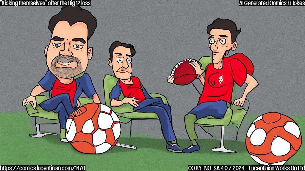 Draw a cartoon of a person sitting on a therapist's couch, surrounded by football field elements (e.g., goalposts, referee flags). The person is holding their head in their hands and has a disappointed expression. In the background, there is a large football with a red "X" marked through it. The color palette should be muted and blue-ish to convey a sense of disappointment and sadness.