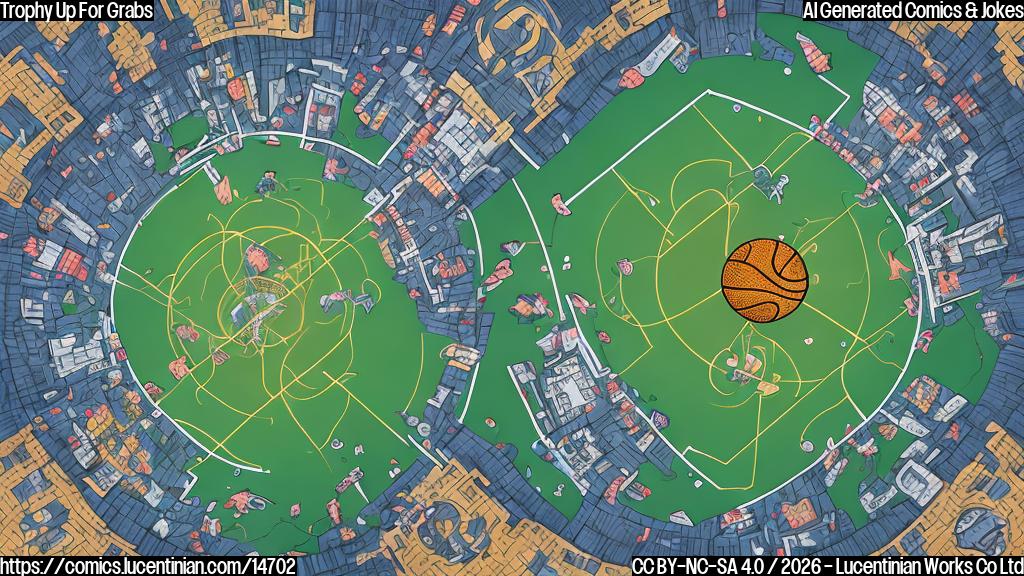 A plain color cartoon style drawing. In the center, a large, golden basketball championship trophy, sparkling slightly. The trophy has text on it that says "Big East". It is floating just slightly above a simple green court floor. Below it, a set of enthusiastic, slightly smaller hands belonging to a determined team are reaching up, fingers spread, almost touching the base of the trophy. In the background, slightly behind and further away, a larger, more established-looking hand is reaching but is clearly not as close to grasping the trophy, indicating a shift in opportunity. The atmosphere is light and celebratory.