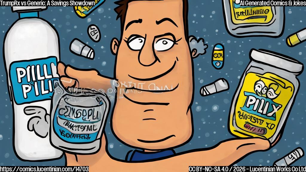 Draw a cartoon style picture of a smiling pill bottle with a coupon in one hand and a worried expression on its face. The pill bottle is standing next to a generic-looking pill, which has a "generic" stamp on it. In the background, there's a faint image of the TrumpRx logo and a list price tag. The color scheme should be bright and playful, with lots of blues and whites to convey a sense of savings and relief.
