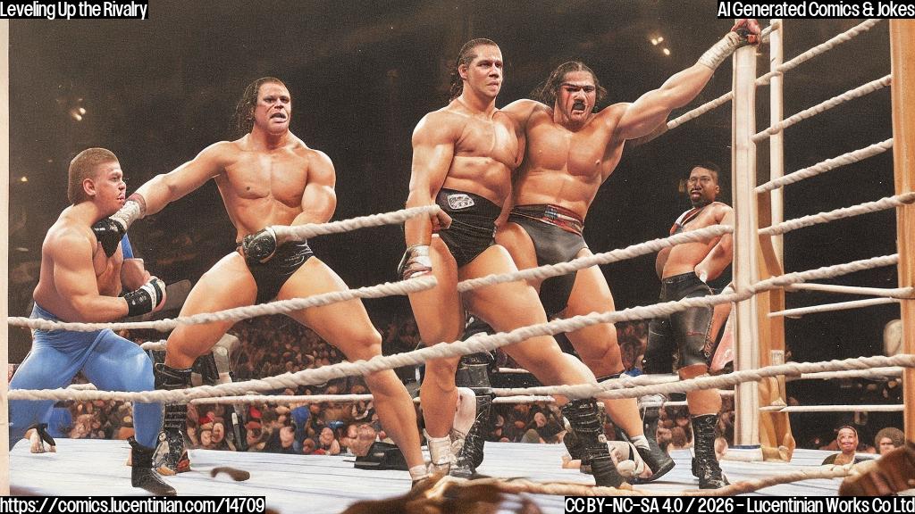 A WWE Superstar stands in the ring with a ladder, ready for battle. The crowd is on the edge of their seats as two rival wrestlers approach each other. One wrestler has a determined look on their face, while the other seems calm and collected. The ladder behind them serves as a symbol of the next level of competition.