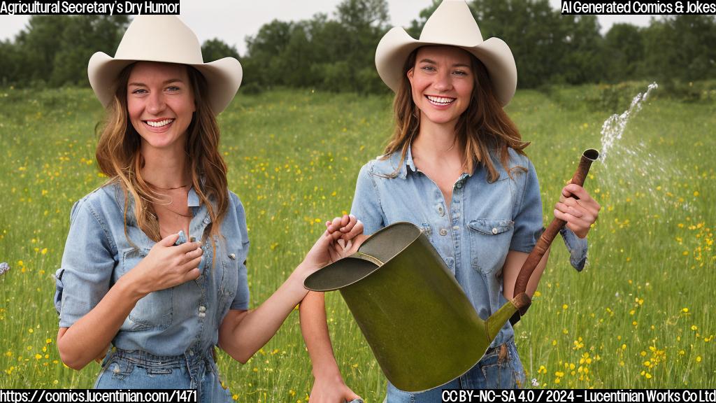 Describe a cartoon of Brooke Rollins standing in a field, wearing a cowboy hat and holding a watering can. She is smiling and has a hint of a joke on her face. The background should have a subtle hint of parched earth with a few dry plants scattered about.