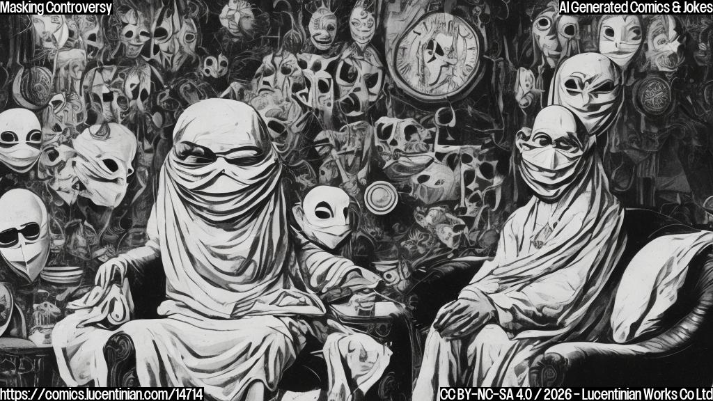 a stylized image of a ghostly figure with a white mask covering its face, sitting on a therapist's couch with a puzzled expression, surrounded by various masks in the background
