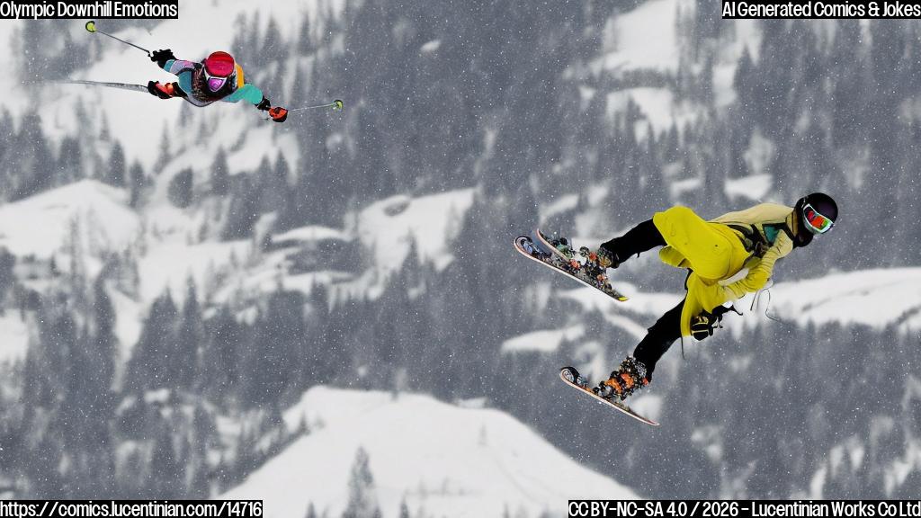 A skier falls while attempting a 270-degree spin on a rail, with a strong second run to qualify for the final. Describe a cartoon-style illustration of a snowboarder in mid-air, with a worried expression, and a therapist's couch in the background.