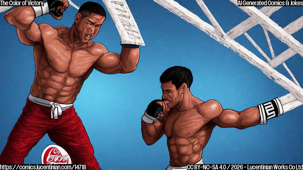 Illustrate a cartoon-style image of a mixed martial artist standing in the ring, holding a ladder and looking confident. The background is a blurred version of the Coca-Cola Arena in Dubai, with a subtle gradient of blue hues to represent the "blue paint" theme.