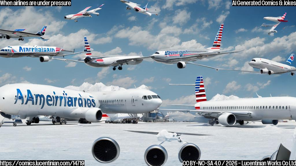 A group of airplanes with different logos and colors are standing at the airport, looking stressed. The American Airlines logo has a few luggage tags scattered around it, and one of its planes is covered in snow. In the background, there's a giant pile of bills and financial reports, while a CEO looks worried in front of a whiteboard filled with airline metrics.