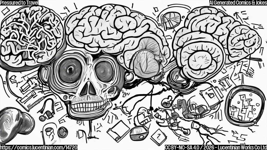 Draw a simple cartoon of a brain with a suitcase and a car driving away, surrounded by various medical equipment (e.g. MRI machines, ultrasound devices) and a few scattered test tubes.