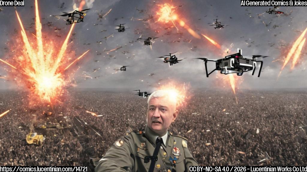 a large swarm of drones and missiles are hovering in the air, with some exploding or crashing into the ground, surrounded by a figure of a middle-aged man with a worried expression in the background, wearing a Ukrainian military uniform