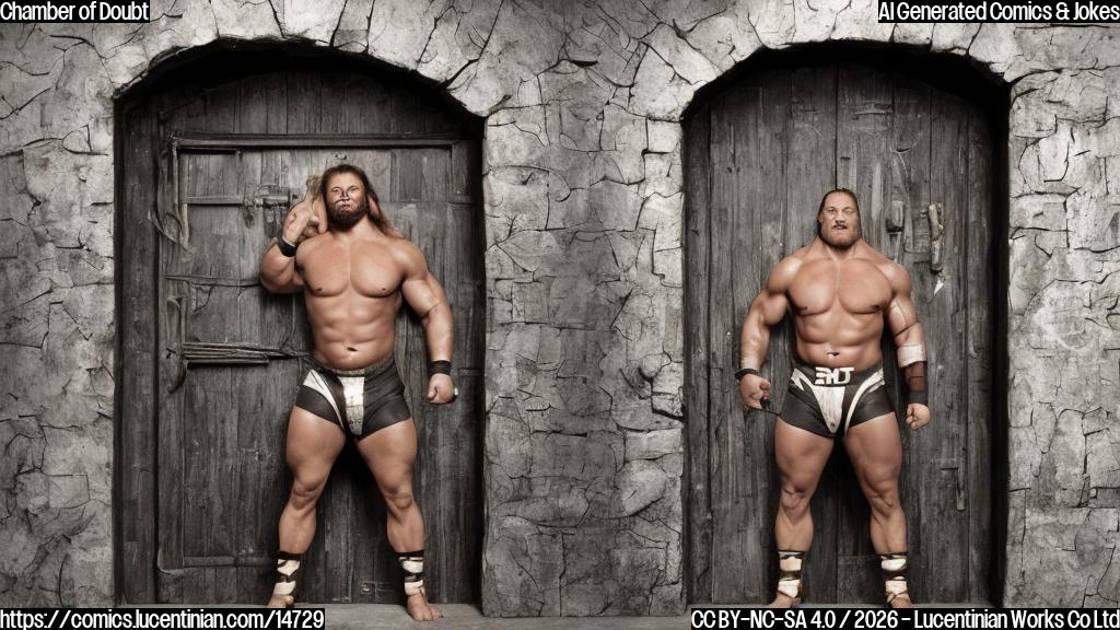 A WWE wrestler standing next to a large, ominous-looking chamber door with a ladder leaning against it. The wrestler should be wearing a determined expression and have a hint of excitement in their eyes. The color palette should be dark blues and greys to convey a sense of foreboding and high stakes.
