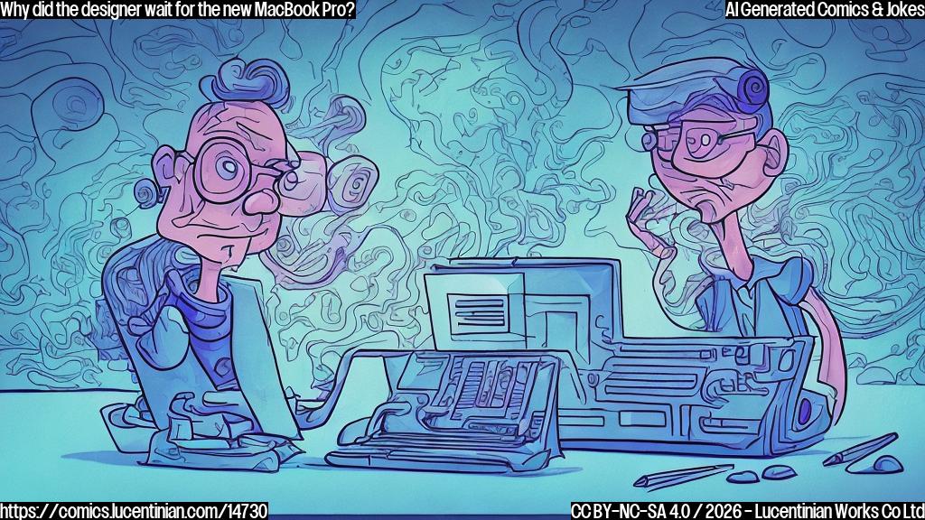 Draw a cartoon style image of a person with a creative expression on their face, sitting in front of an old computer with a frustrated look, and standing next to a shiny new MacBook Pro laptop. The background should be a minimalist design with subtle gradient colors indicating excitement and creativity.