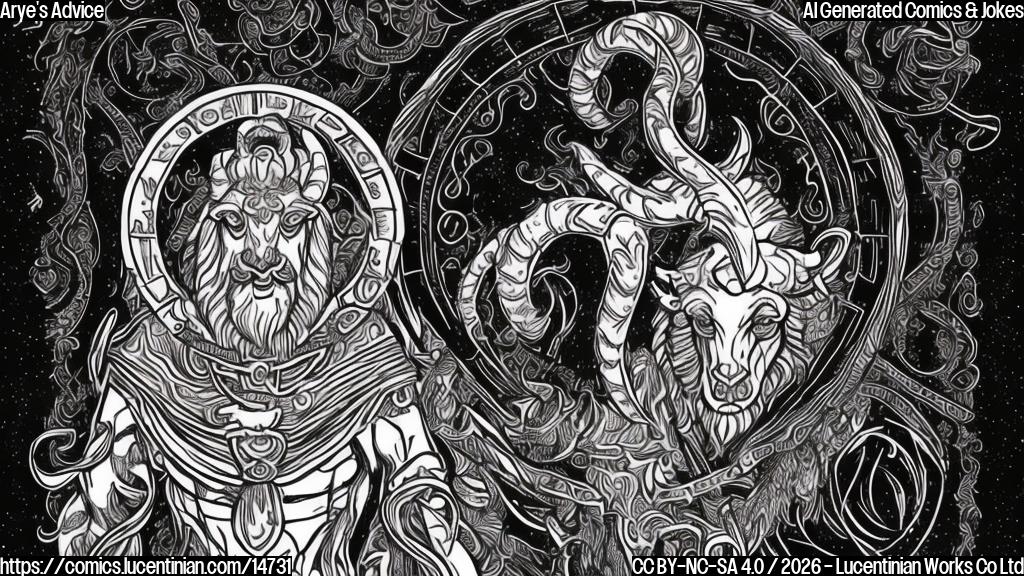 Illustrate an Aries person (with a bold and confident expression) wearing a cloak-like accessory, standing in front of a Scorpio symbol. The background should have a dark, mysterious tone, with a hint of financial transactions or shopping elements.