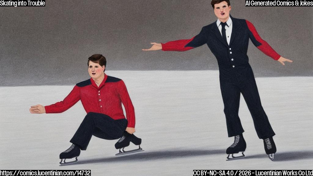 Draw a cartoon style picture of JD Vance, a figure skater, struggling with his skates on ice. His motorcade is parked nearby, looking frustrated.
