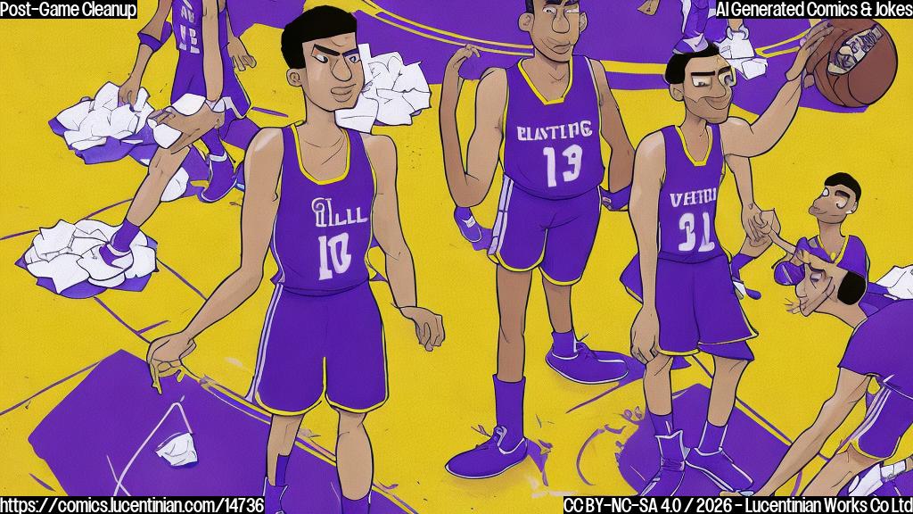 A plain color cartoon style image. A tall, athletic basketball player in a light-colored uniform with purple accents stands dejectedly on a basketball court. Small, crumb-like pieces, matching his uniform's color, are scattered around his feet. Nearby, a comically oversized yellow dustpan and brush are placed on the court. The player has a sad, defeated expression. The background is a simple basketball court with a hoop visible.