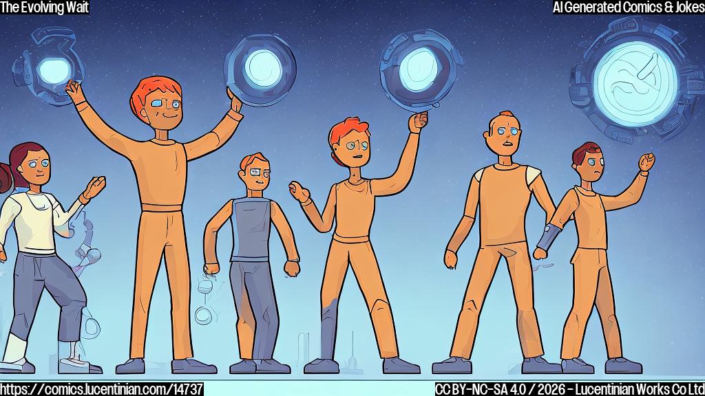 A plain color cartoon style illustration. Three diverse human-like figures, representing trainers or masters of digital creatures, stand eagerly in a group. They are looking towards a large, glowing, futuristic screen that displays a simple calendar icon showing 'Feb 27' and a large question mark. One figure has their arm raised in excitement, another holds a plain, two-toned spherical device, and the third taps impatiently on a wrist device. All figures have expressions of high anticipation and hope. The background is a minimalist, abstract waiting area in a futuristic style, using soft, plain colors like light blue, grey, and white. No identifiable symbols or text related to specific brands or characters.