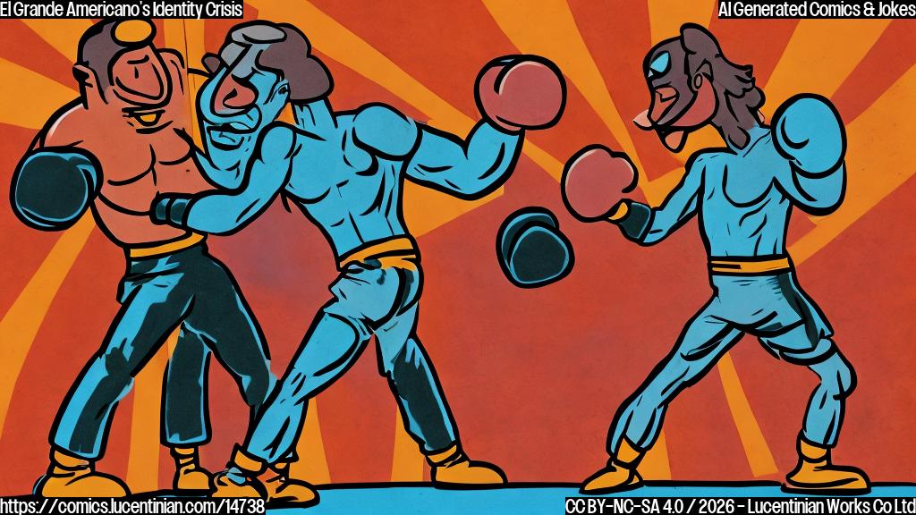 A cartoon-style drawing of two identical figures with a wrestling ring background, one of them is punching the other. The puncher has a confused expression, while the other figure is holding up its hands in defense, also looking surprised. Incorporate a faint image of a therapist's couch in the background.