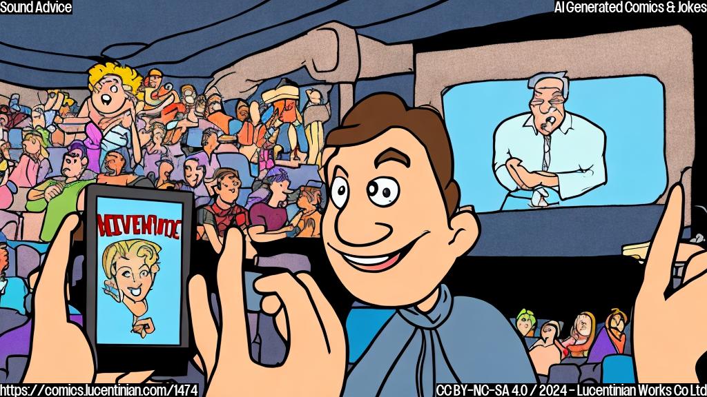 Draw a cartoon of a theater with people watching a movie on their phones, and in the foreground, a person holding a microphone, pointing at a TV screen displaying an older movie.