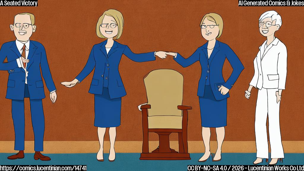 A simple, plain color cartoon in a minimalist style. On the left, a triumphant female politician with short, neat hair, wearing a sensible blue blazer, stands proudly with one hand resting on the back of a large, ornate legislative-style wooden chair. She has a wide, confident smile and is looking forward. On the right, a male small business owner character with short hair, wearing a slightly rumpled green polo shirt and beige pants, stands with his shoulders slightly slumped, looking disappointed as he watches the female politician. The background is a solid light yellow. Clear outlines, no shading.