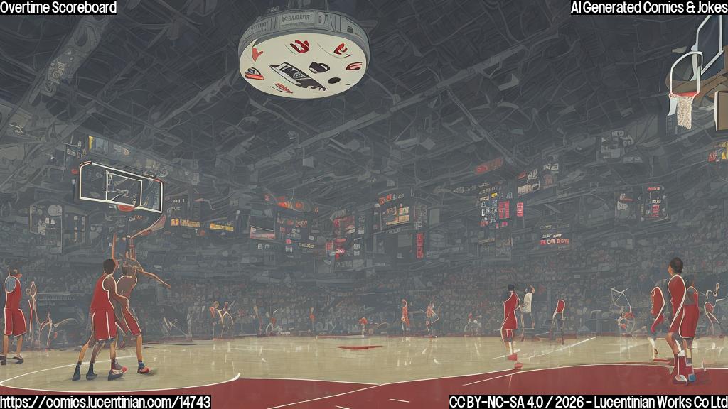 A plain color cartoon style illustration. In the center of a simple indoor basketball court, a large, rectangular digital scoreboard is depicted with cartoon eyes squinting intensely at the numbers "78" and "77", as if trying hard to count. On the left, a group of tired but hopeful basketball players wearing plain deep red jerseys and white shorts look up at the scoreboard. On the right, another group of equally tired but determined basketball players wearing plain bright yellow jerseys and dark blue shorts also look up. A lone referee in a black and white striped shirt stands nearby, holding a whistle, looking a bit exasperated but patiently waiting. The background is a simple, plain wall.
