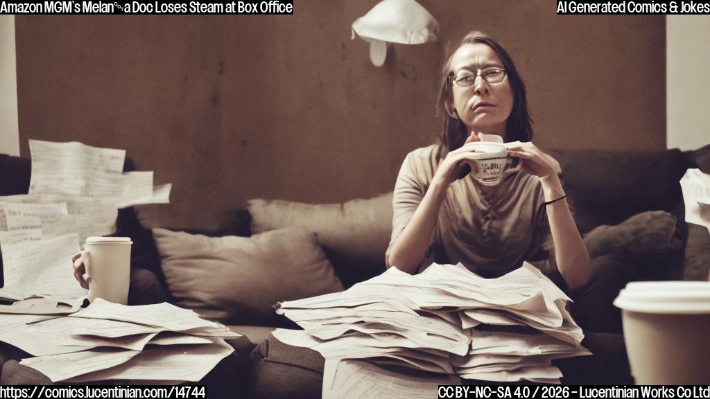 A female documentary filmmaker sitting on a couch with her head in her hands, surrounded by scattered script pages and empty coffee cups. Her face is contorted in frustration, with tears welling up in the corners of her eyes.