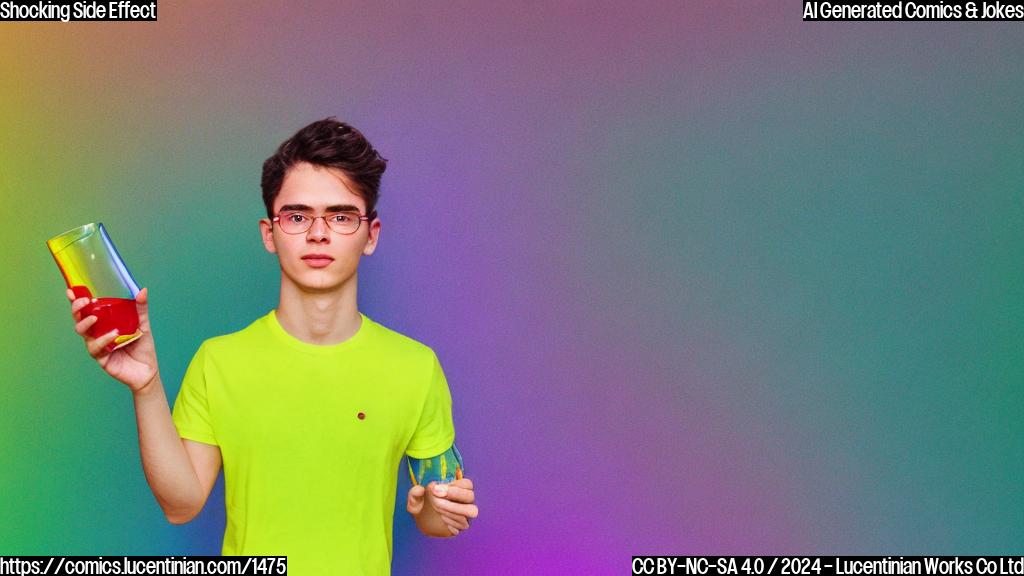 A young person in a bright yellow and blue outfit, holding a glass vial with a red liquid inside, standing in front of a green background with a subtle rainbow effect.