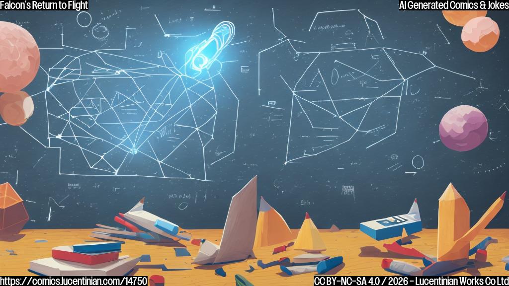 a futuristic illustration of a spaceship with a briefcase and a graduation cap, standing in front of a blackboard with a chalkboard equation that reads "F = v * t", surrounded by books and pencils, set against a bright blue sky with fluffy white clouds.