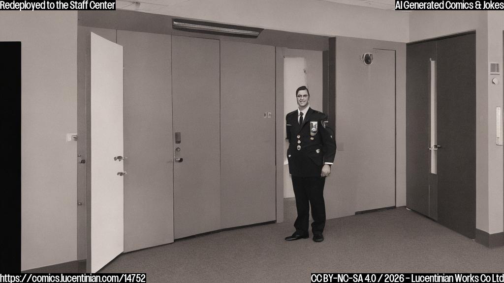 A person in a professional uniform, likely with a badge, standing in front of an open door leading to a staff room or office. The background should be a neutral color like gray or beige.