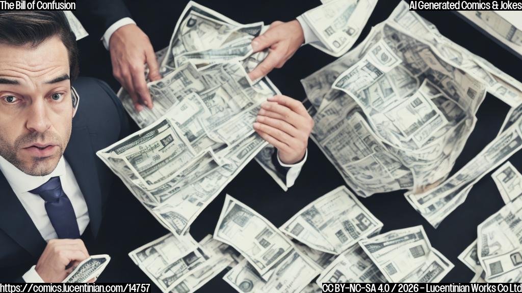 A cryptic figure in a suit, surrounded by stacks of cash and financial papers, looks worried. A person in a business attire is holding an invoice, looking confused.