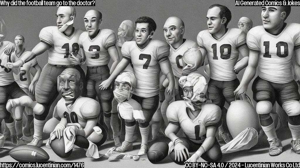 a cartoon of a football with a sad face and a deflated balloon in the background, surrounded by football players wearing bandages and holding medical equipment