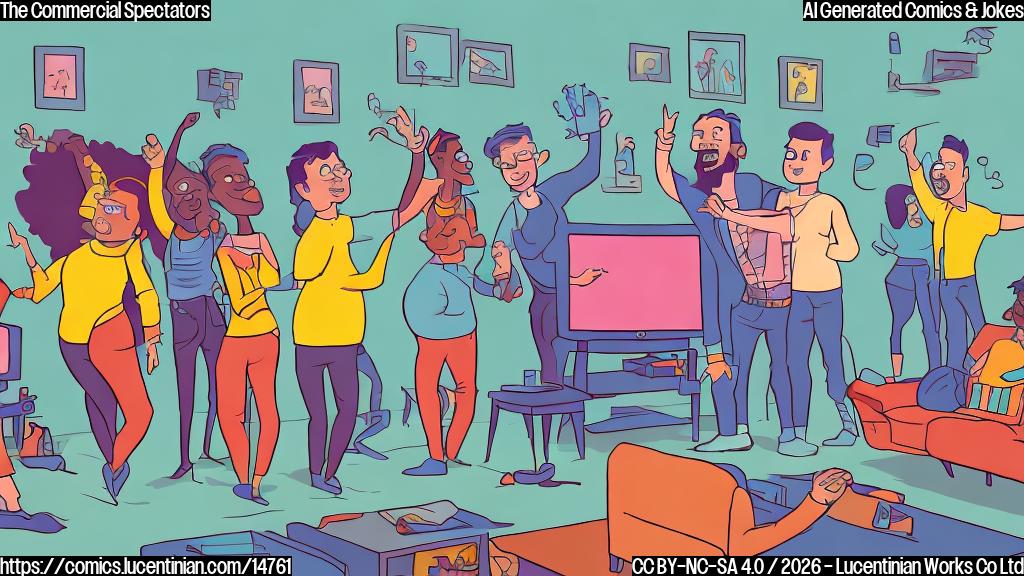A plain color cartoon style illustration depicting a lively living room scene. A diverse group of five adult friends are gathered, eyes glued to a large television screen. On the screen, a humorous and vibrant advertisement is playing, featuring a simplified, exaggerated cartoon character making a funny face. Two of the friends are visibly ecstatic, raising their hands in celebration and pointing at the TV with wide smiles. Another friend has a look of amused bewilderment. One person is quietly munching on popcorn, observing the energetic reactions of their friends to the ad. The room has minimal sports-themed decorations, subtly hinting at a major televised sports event, but the focus of the group's excitement is clearly the commercial.