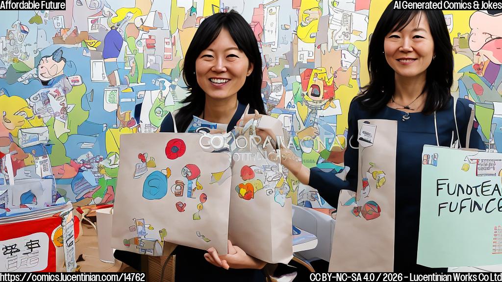Illustrate a cartoon of a smiling economy with a few money bags and a calendar in the background, with Sanae Takaichi standing next to it, holding a sign that says "Affordable Future".