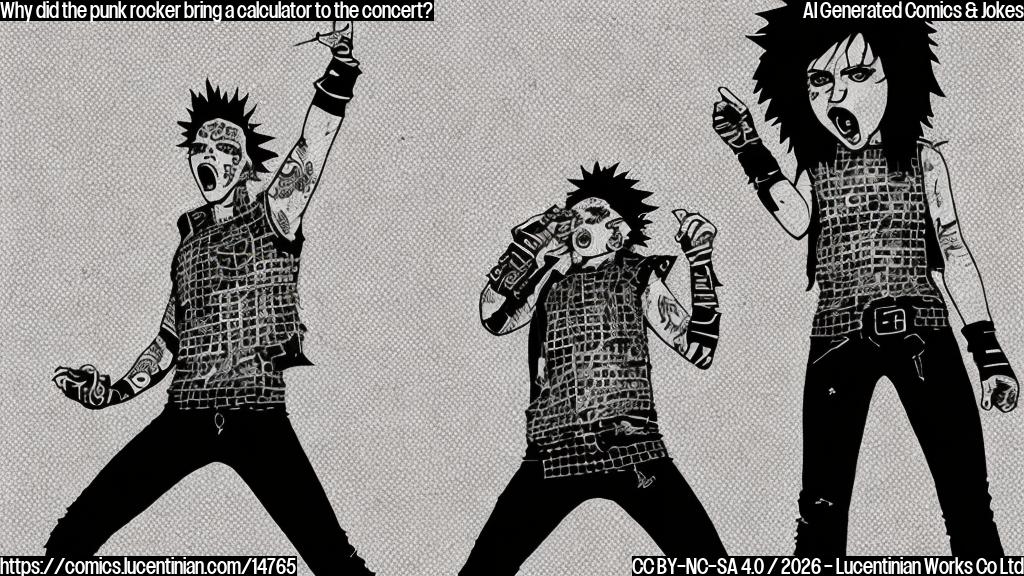 Generate an image of a punk rock character with a calculator in hand, standing on stage, surrounded by flashing lights and screaming crowd. The character should be wearing a iconic green Day-inspired outfit from 1994, complete with ripped fishnet shirt, skinny jeans, and heavy black eyeliner. The background should have a blurred Super Bowl LX logo and Levi Stadium's stadium seats.