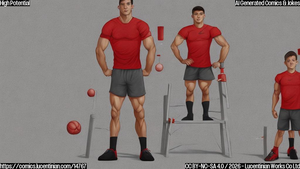 A plain color cartoon style drawing of a young, muscular athlete, wearing a generic red training jersey and grey shorts. He stands confidently next to a tall, wooden ladder. In the background, there are a few simple, plain-colored training cones and a light grey wall. The athlete has a hopeful and slightly determined expression. Flat colors, no complex shading.