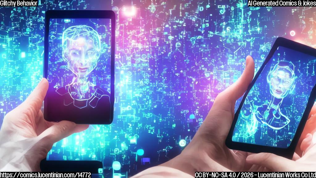 A person with a futuristic-looking smartphone with a distorted display, sitting on a therapist's couch with a puzzled expression. The phone is surrounded by virtual screens and glitch-like effects.