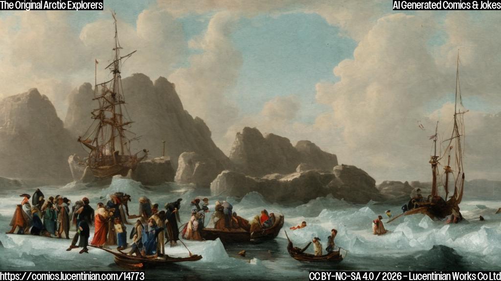 A group of skilled seafarers standing on a rocky island, surrounded by icy waters and icebergs, with a small boat in the foreground, and a ladder leaning against a large stone wall behind them. The seafarers are depicted in traditional clothing, with fishing nets and tools nearby.