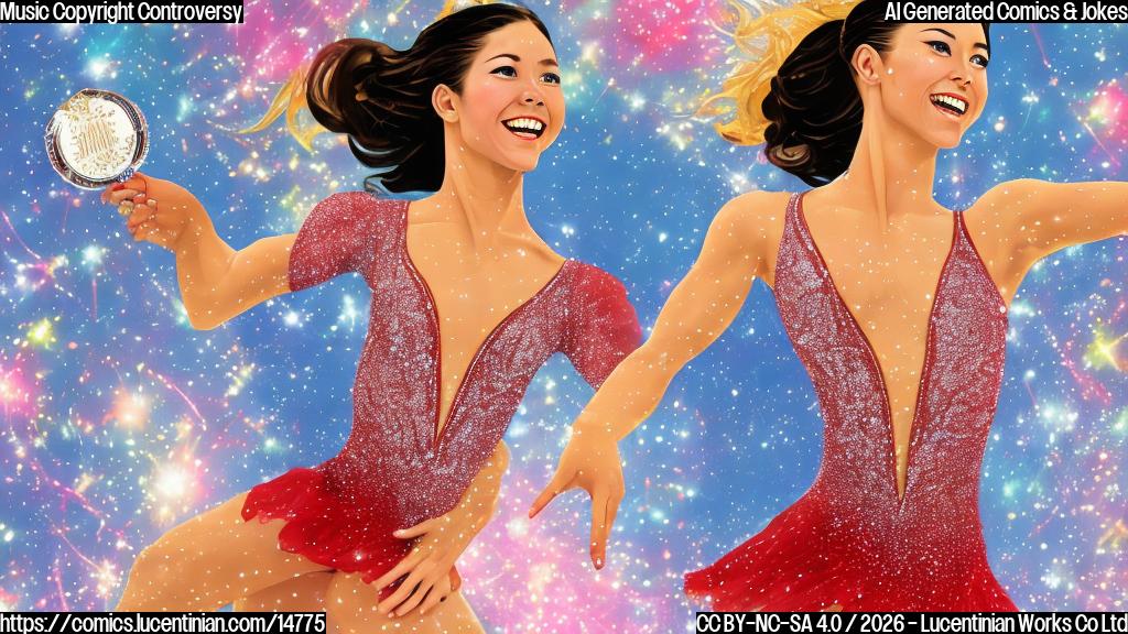 A female figure skater in a sparkly costume stands on one leg, holding an Olympic gold medal. Her face is determined, with a hint of frustration. In the background, there's a faint image of a music sheet with a bold, red X marked through it. The overall style should be a cartoon representation of a bright, cheerful scene with bold lines and flat colors.