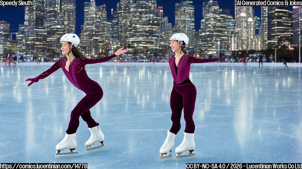 A female figure skater wearing a helmet and holding a small step stool in front of a ice skating rink with a cityscape background
