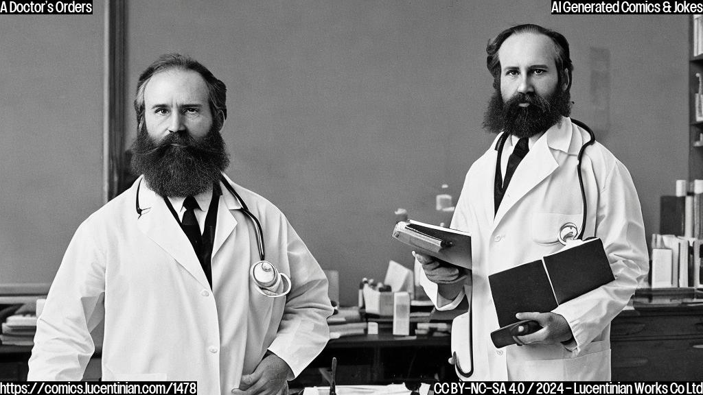 A middle-aged man with a bushy beard, wearing a white lab coat and holding a stethoscope around his neck, is standing in front of a desk with several pharmaceutical bottles and medical books on it. He has a confident expression on his face as if he's about to give a lecture.