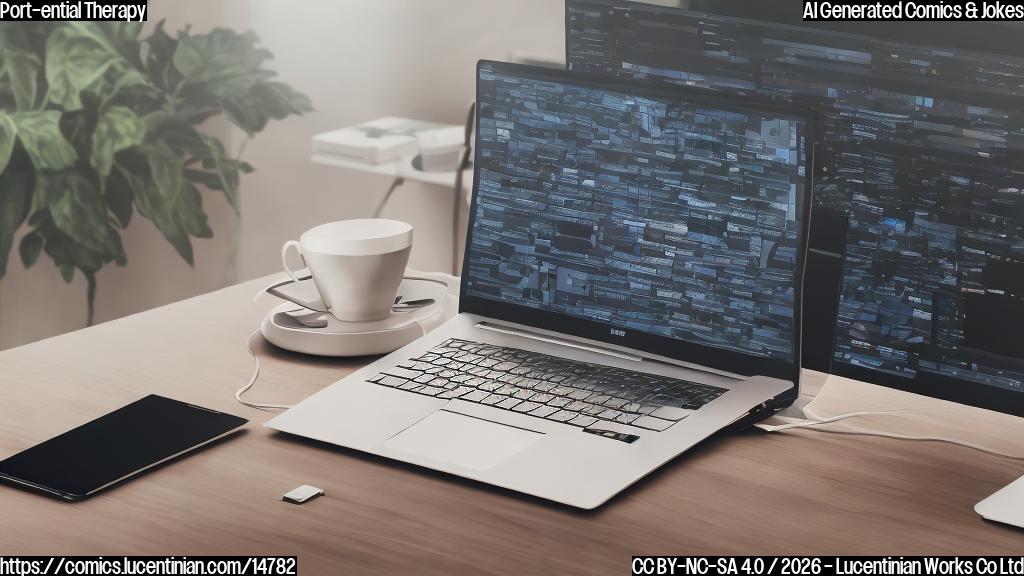 Describe a cartoon-style image of a sleek, high-end laptop with many ports (USB, HDMI, etc.) on its sides and back. The laptop is sitting on a therapist's couch, looking anxious. The therapist, a calm-looking person with a warm smile, is leaning forward to listen to the laptop.