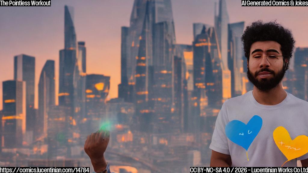 A cartoon of a person wearing a fitness tracker on their wrist, with a determined expression on their face, standing in front of a city skyline at sunset. The person is holding a small whiteboard with the words "Heart Health" and "Brain Power" scribbled on it, while a small number on the scale (e.g., 120) is visible in the background.