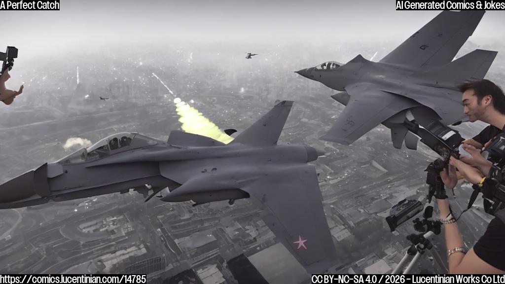 a large stadium with a stage in the center, surrounded by fighter jets flying overhead and various cameras and equipment, the main character is a skilled camera operator standing confidently holding a camera