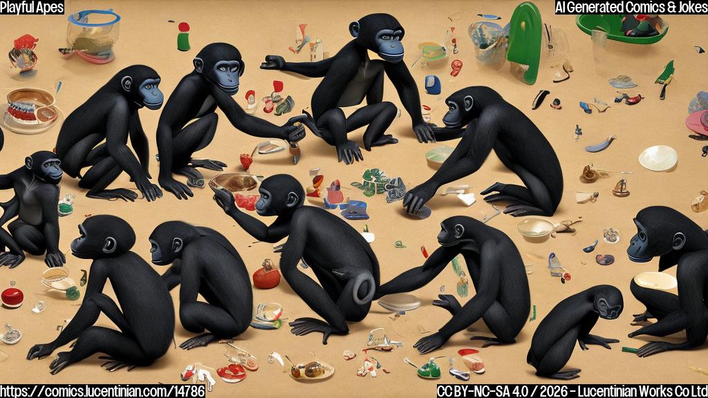 A group of bonobos are sitting in a circle, surrounded by various toys and objects. One bonobo is holding an imaginary teacup and wearing a tiny hat. Another bonobo is pretending to be a customer, holding an invisible shopping list. The remaining bonobos are dressed as various professions, such as doctors, teachers, and chefs.
