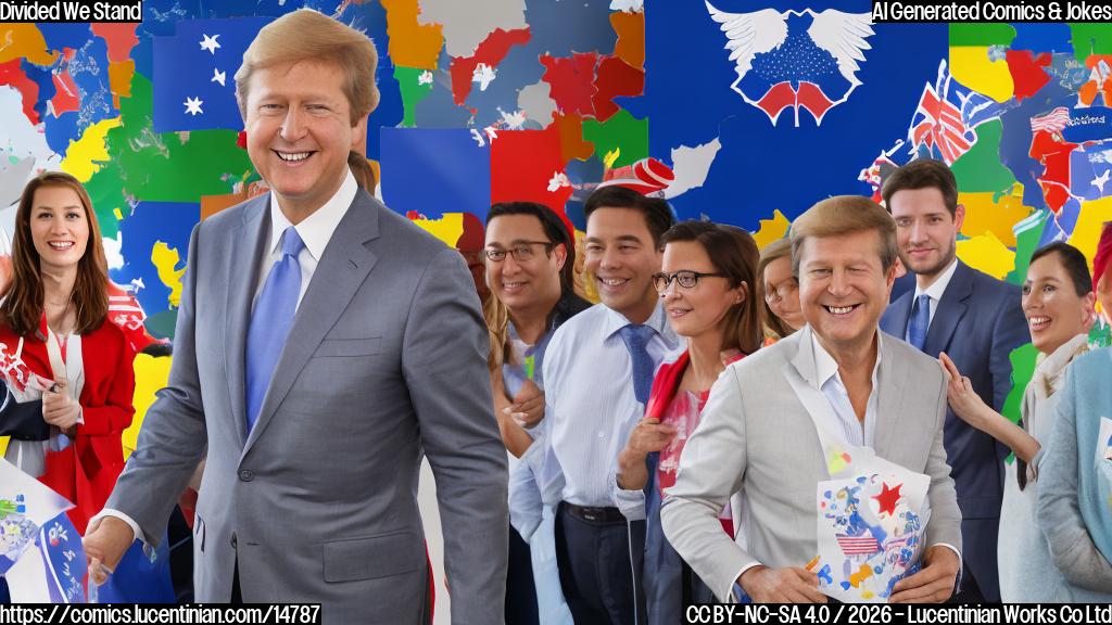 a conservative prime minister with a divided smile, surrounded by party flags and a massive electoral map in the background, with a few voters casting ballots in the foreground