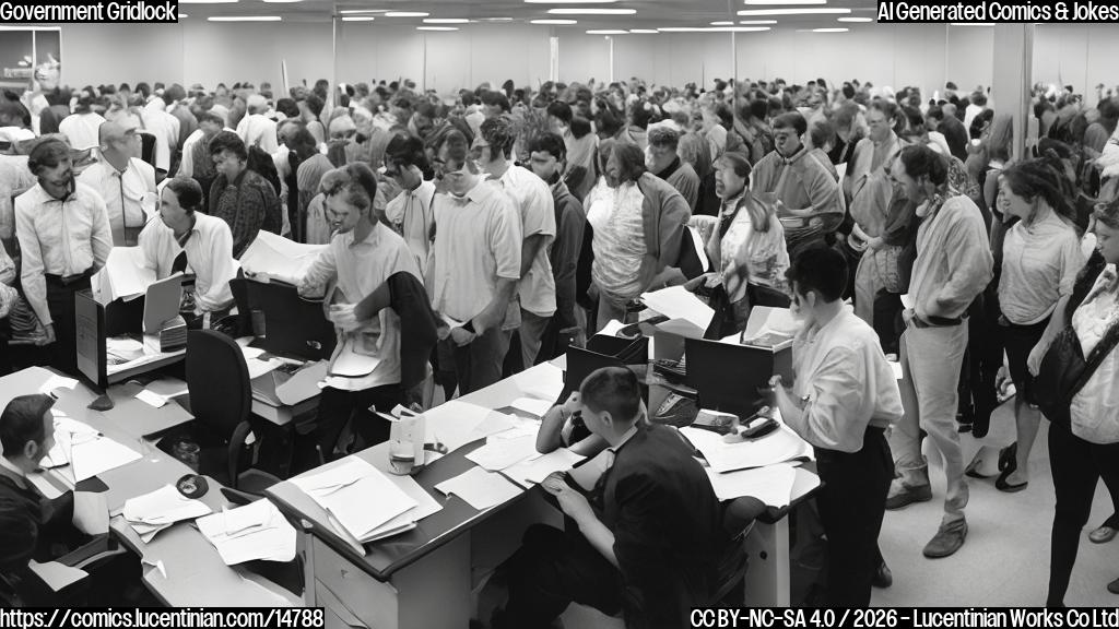 A long line of people waiting at a large desk with a phone receiver attached to the desk, surrounded by papers and frustrated expressions. The desk has a "Department of Homeland Security" sign on it.