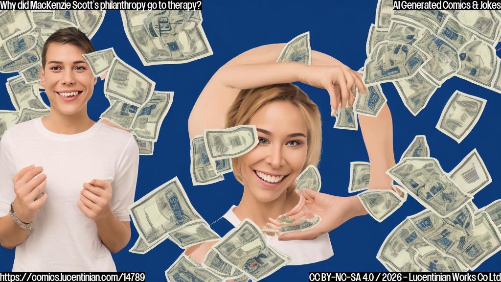 A large, smiling face with a generous expression and an open book in the background, surrounded by money bags and a subtle image of a person donating to charity. The background should have a soft, gradient blue hue to convey a sense of trust and reliability.