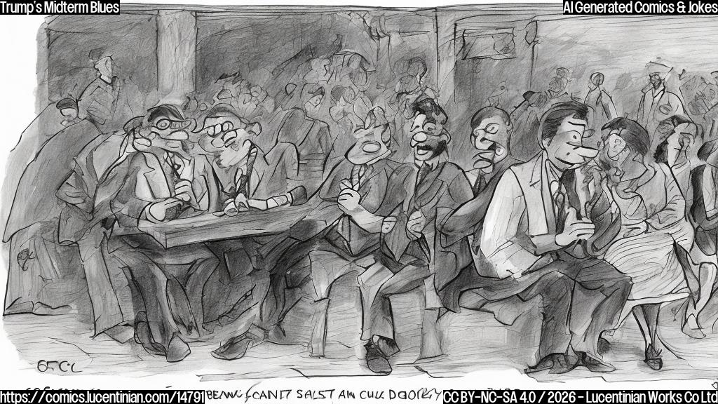 Draw a cartoon of a group of people sitting on a bench, looking worried and dejected, while one person in the background is holding an empty wallet and another is holding a "Closed" sign.