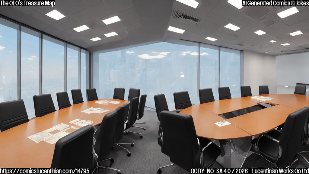 Plain color cartoon style. A corporate meeting room with a long table. At the head of the table, a confident-looking woman with a neat hairstyle and a business suit stands, holding up a large, unrolled, completely blank treasure map with a hopeful smile. Around the table, several other generic business people in suits are seated, looking at the map with expressions ranging from slight confusion to polite skepticism. The background is simple and uncluttered, with solid, flat colors and clear, bold outlines.