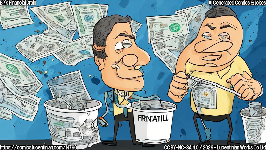 A cartoon of a person holding a bucket with a crude oil spill in the background, surrounded by financial charts and graphs, with a sad expression on their face.