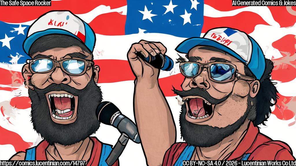 Plain color cartoon style. A heavily bearded musician wearing a backward baseball cap, sunglasses, and a tank top with a patriotic flag design, stands on a stage with a microphone. He is clearly lip-syncing, with his mouth open in an exaggerated, mismatched way to a sound wave depicted coming from the speakers. The stage itself is ironically transformed into a fluffy, pink, padded 'safe space' with soft walls and a plush floor, contrasting with his tough image. The background is a solid, plain color.
